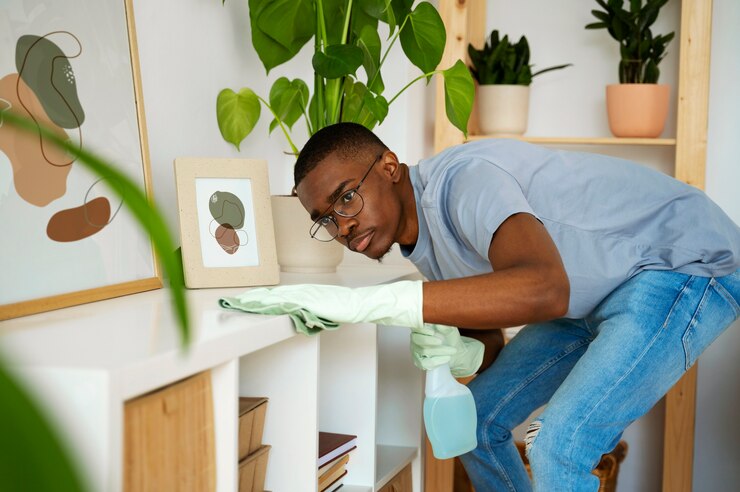 jeune homme faisant le ménage